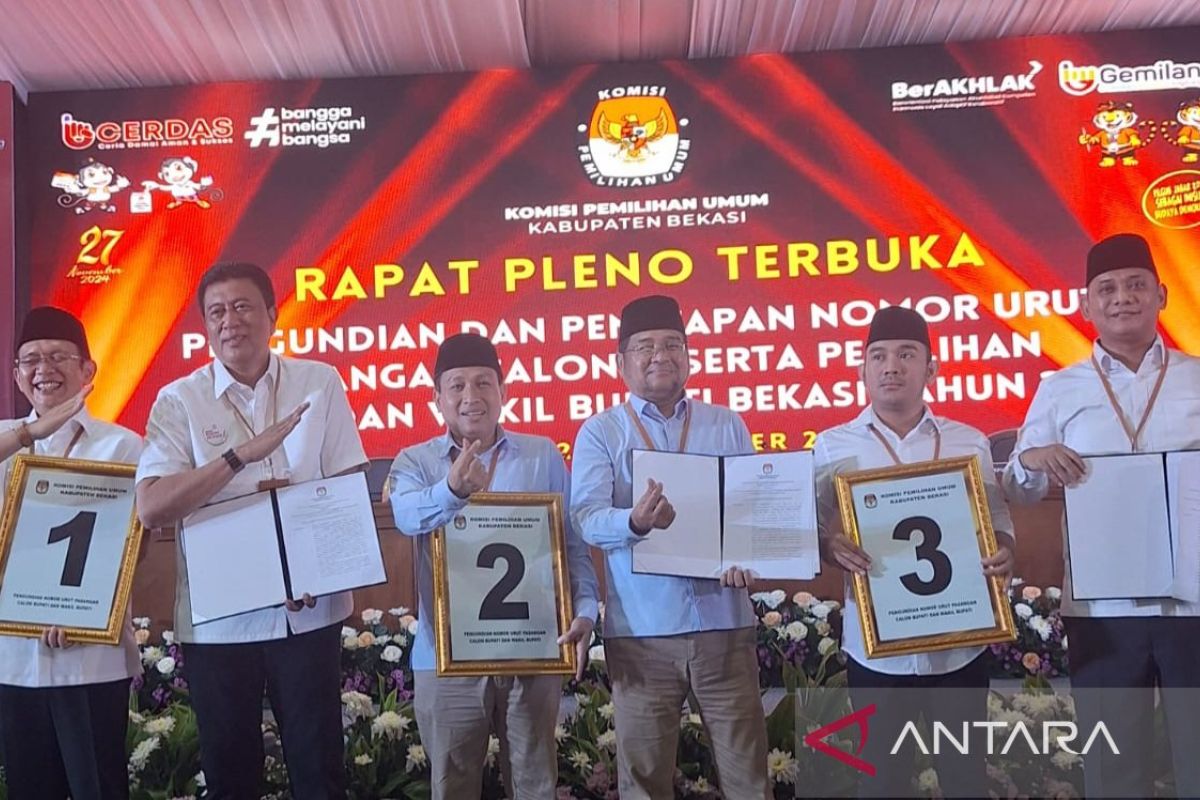 KPU Kabupaten Bekasi tetapkan nomor urut tiga paslon Pilkada 2024 melalui rapat pleno terbuka