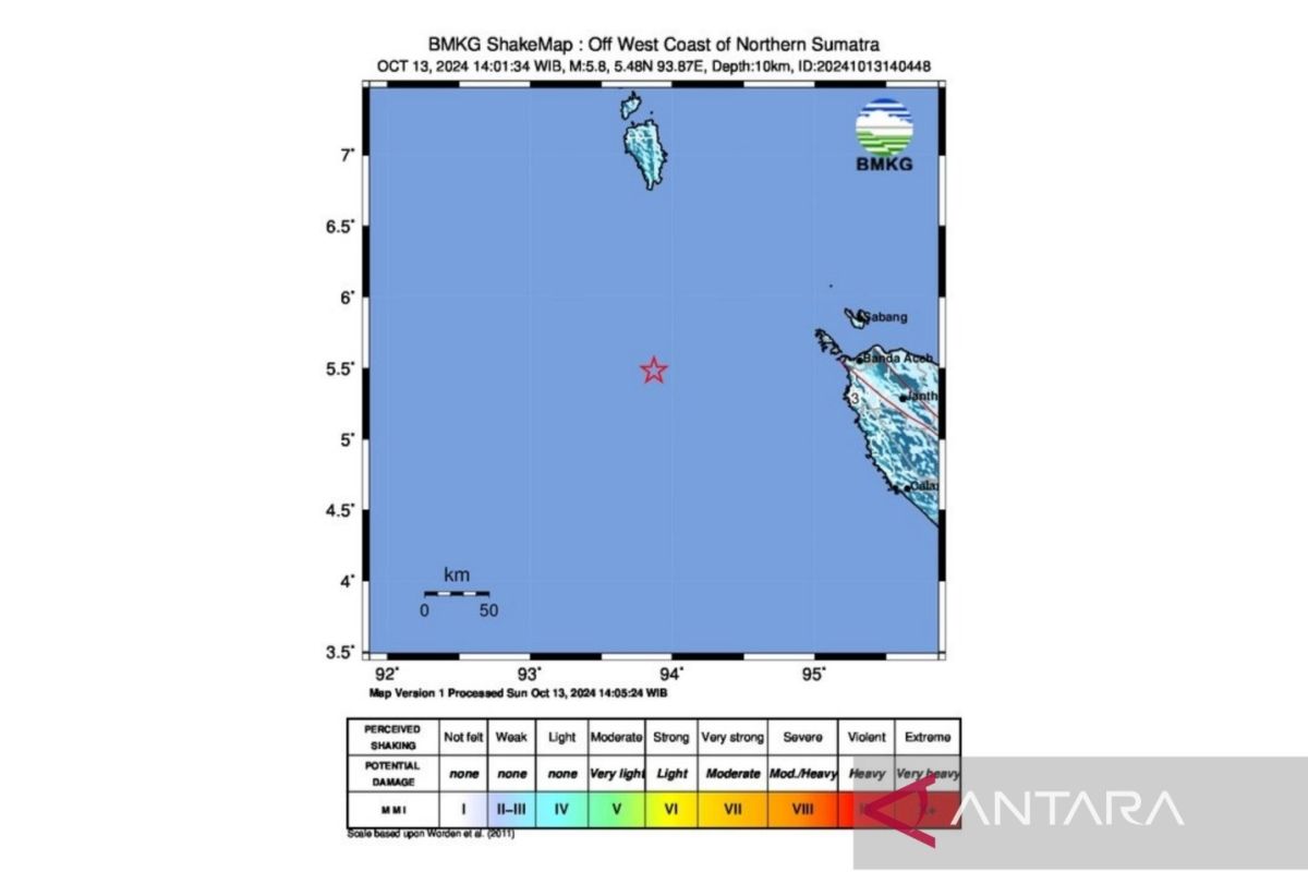 BMKG: Gempa dangkal M5,8 guncang Aceh, tak berpotensi tsunami