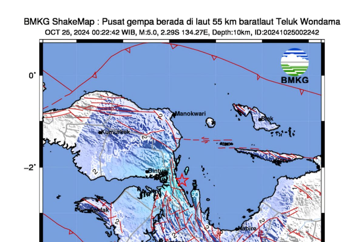 BMKG deteksi gempa magnitudo 5,0 di Teluk Wondama