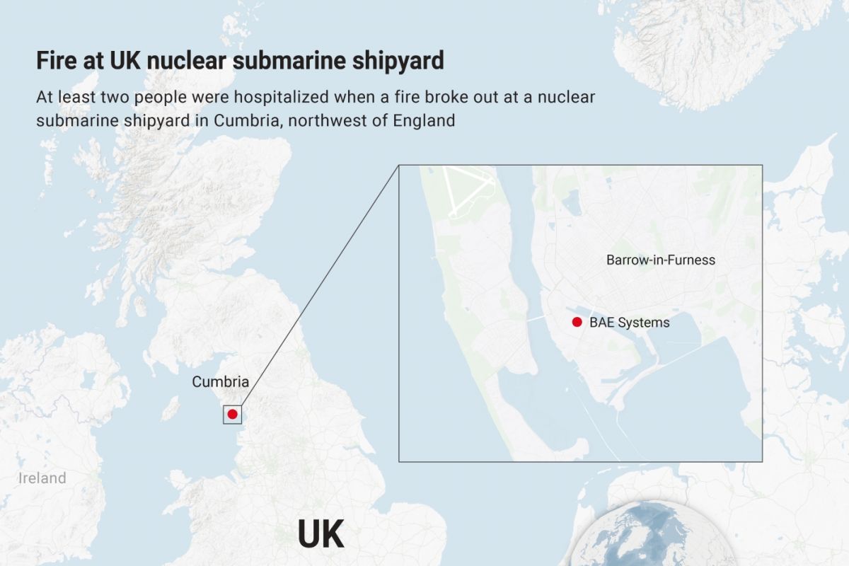 Kebakaran di galangan kapal selam nuklir Cumbria Inggris, 2 dirawat di RS