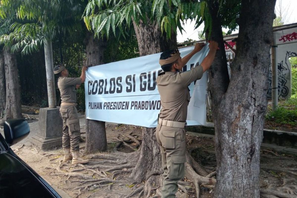 Satpol PP Bali turunkan spanduk Coblos Si Gundul yang marak di kota