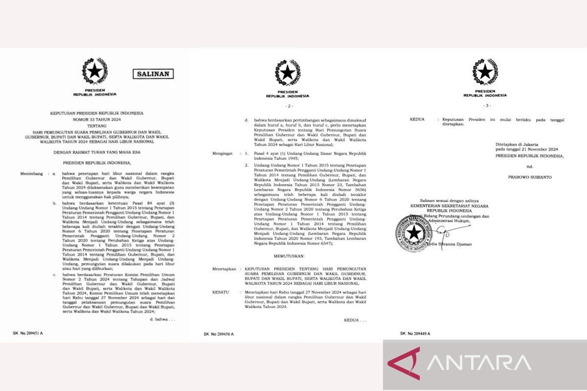 Presiden Prabowo tetapkan Pilkada 27 November 2024 sebagai hari libur nasional