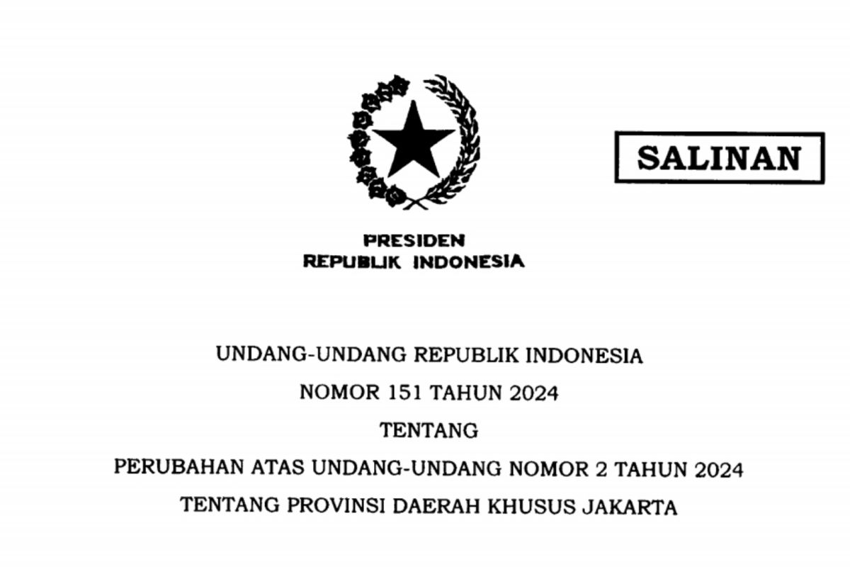 Presiden Prabowo teken UU perubahan nomenklatur jabatan Daerah Khusus Jakarta