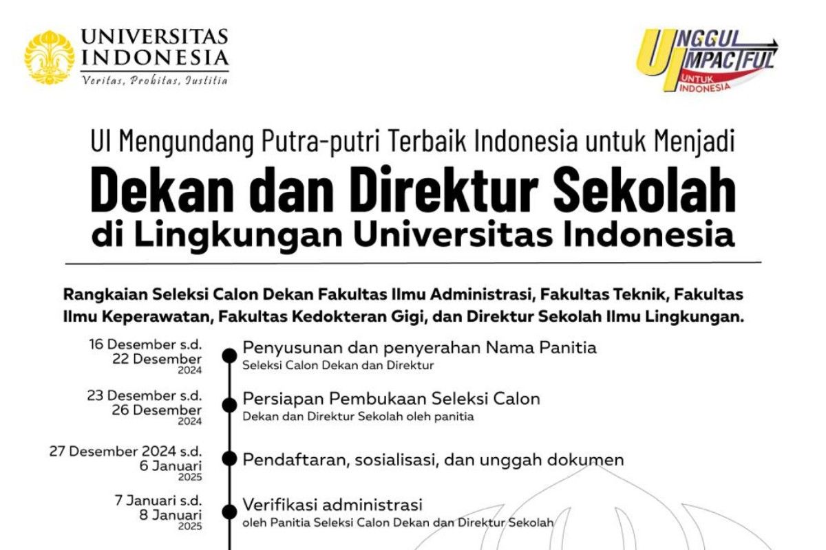 Universitas Indonesia buka seleksi calon dekan dan direktur sekolah