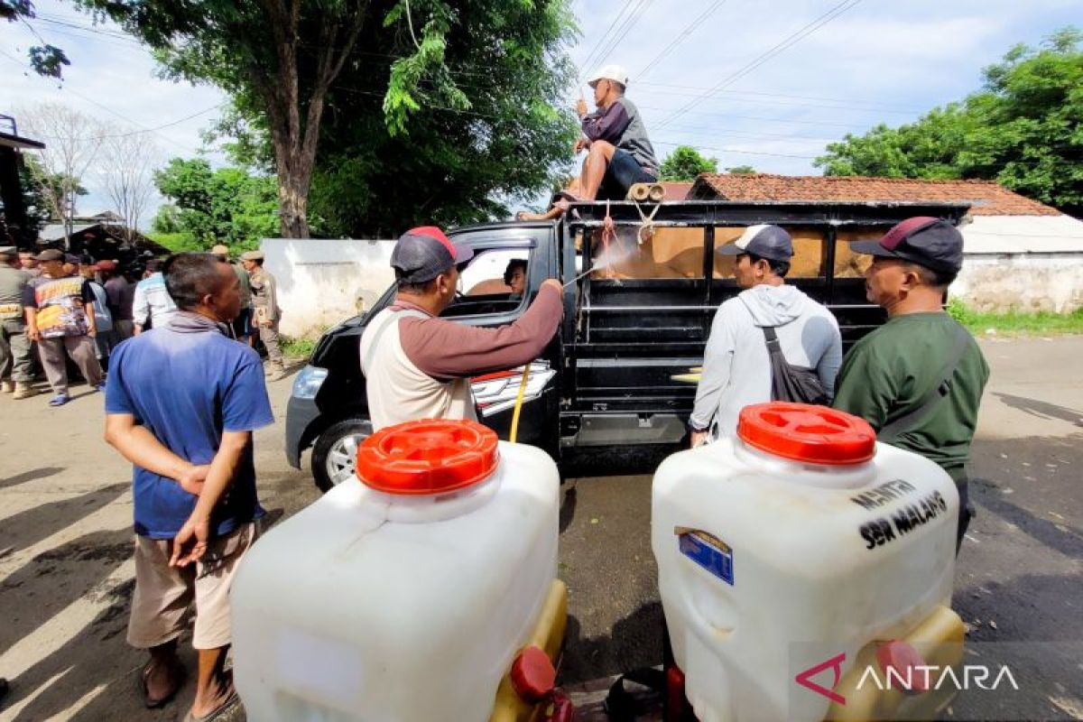 Jelang penutupan sementara, petugas gencar semprotkan disinfektan di pasar hewan Situbondo Jatim