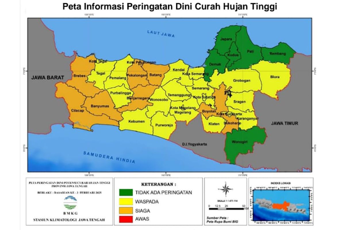 BMKG: Sembilan wilayah Jateng berstatus siaga curah hujan tinggi