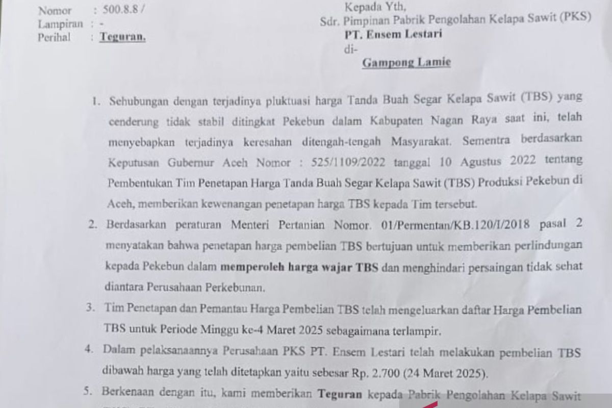 Pemkab Nagan Raya tegur PT Ensem Lestari, beli TBS petani dengan harga murah
