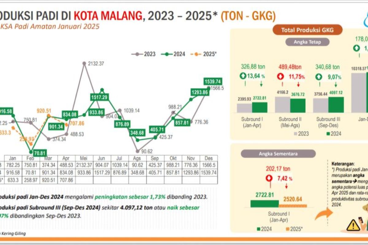 BPS catat produksi GKG Kota Malang 2024 naik 1,73 persen