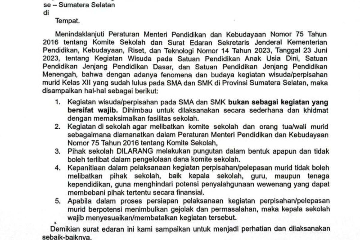 Disdik Sumsel: Kegiatan perpisahan  murid sekolah bukan bersifat wajib