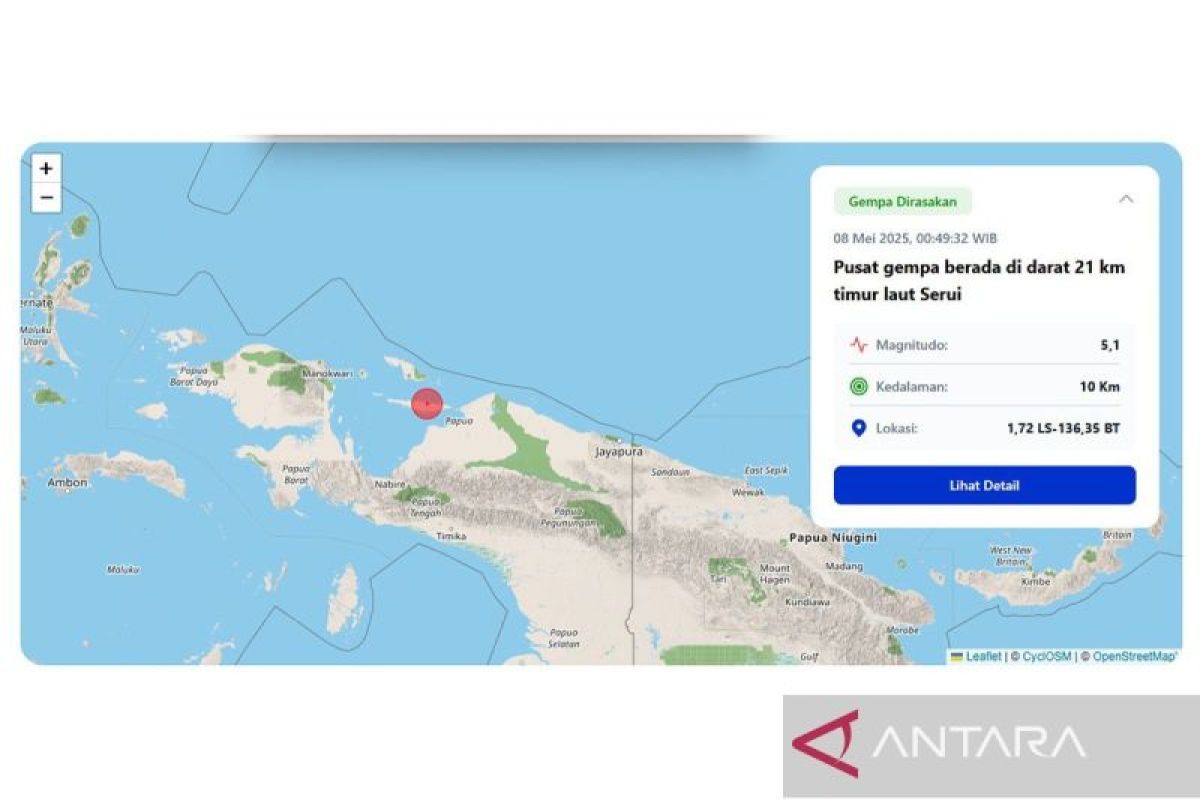 BMKG: Gempa magnitudo 5,1 guncang Kepulauan Yapen Kamis dini hari