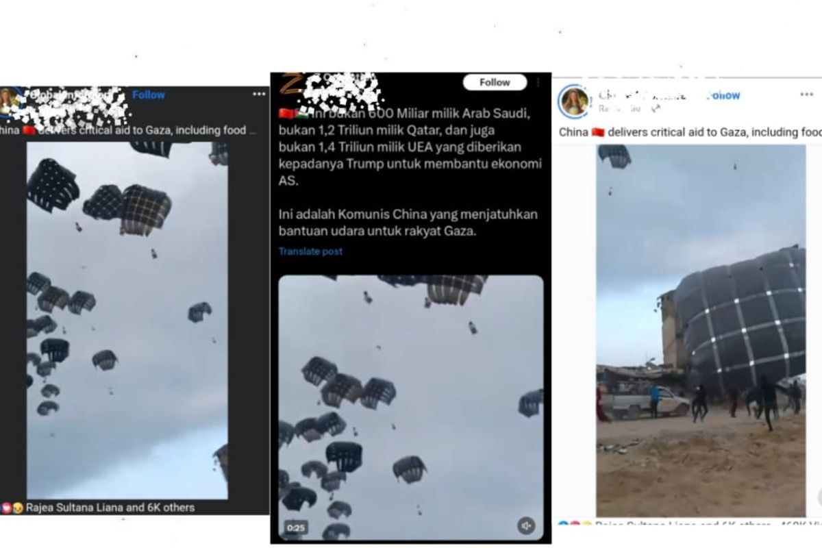 Video pesawat China kirim bantuan ke Gaza lewat udara pada 2025 hoaks!