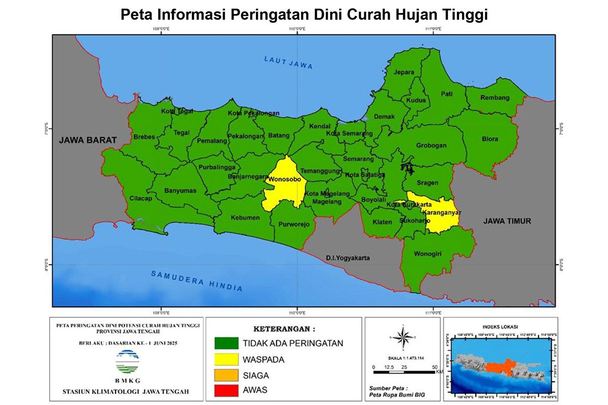 Hujan lebat dprakirakan masih berpotensi di sejumlah wilayah Jateng