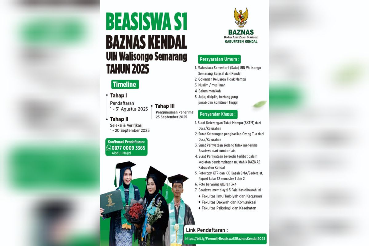 Ada beasiswa dari Baznas Kendal untuk lulusan SMA/MA/SMK