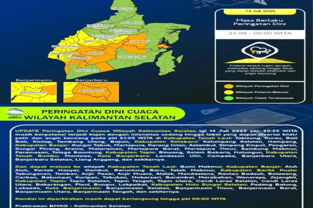 Kecamatan Kusan Hulu Tanah Bumbu berpotensi hujan badai pada Selasa