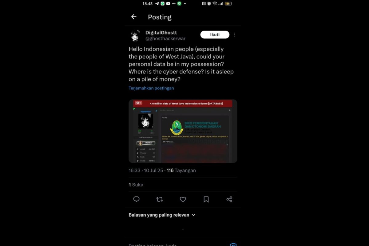 Data 4,6 juta warga Jabar diklaim sudah dibobol