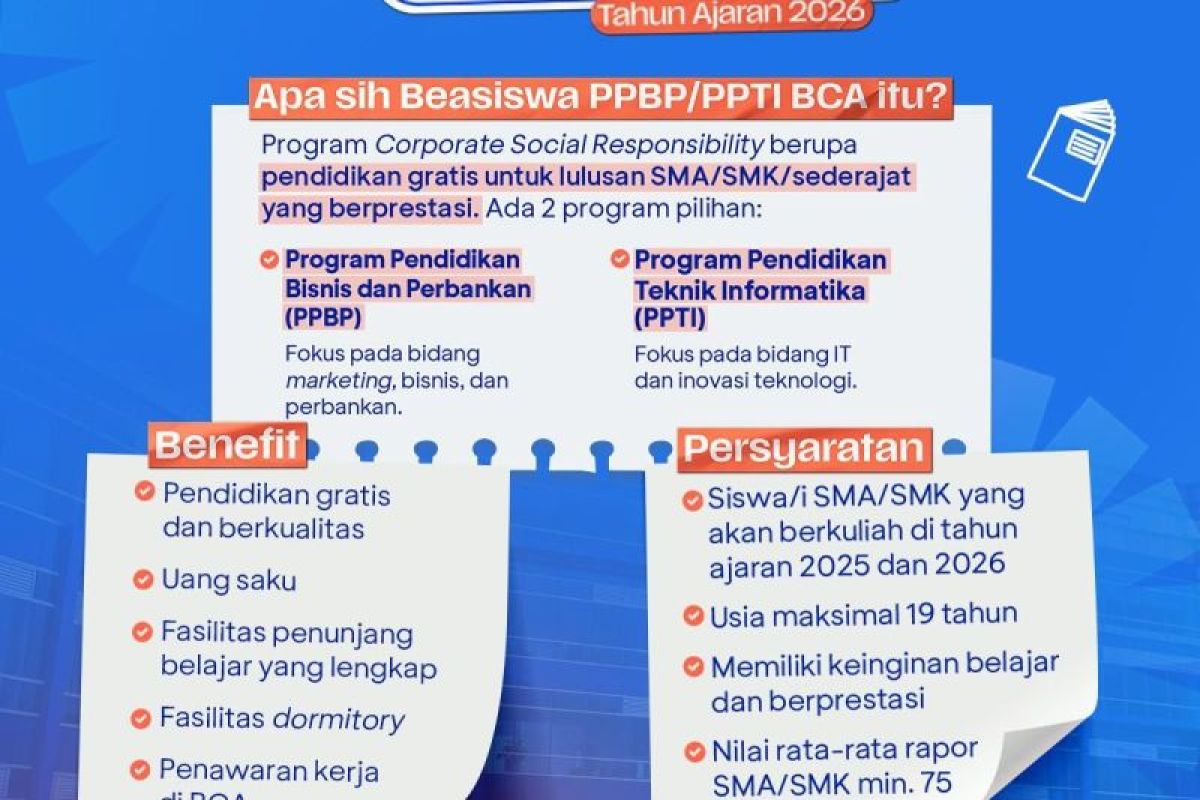 BCA buka beasiswa PPBP dan PPTI BCA, untuk pendidikan gratis