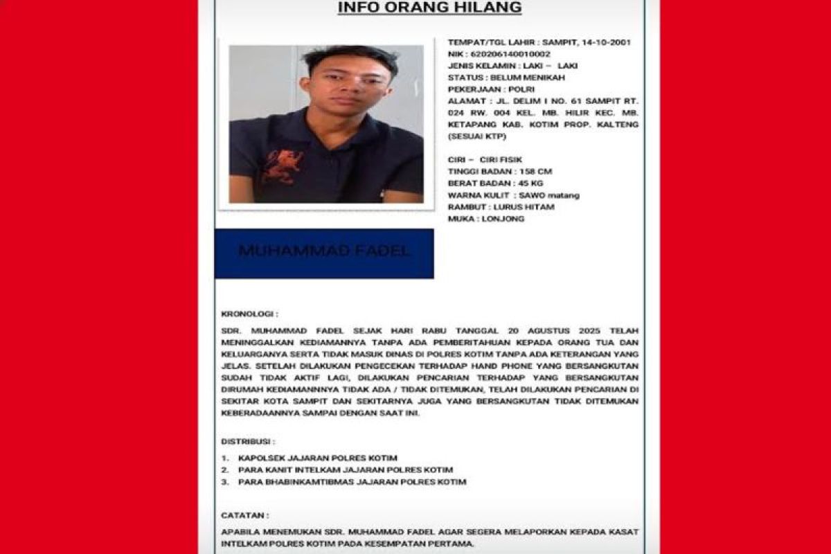 Polda Kalteng buru keberadaan anggota Polres Kotim yang hilang misterius