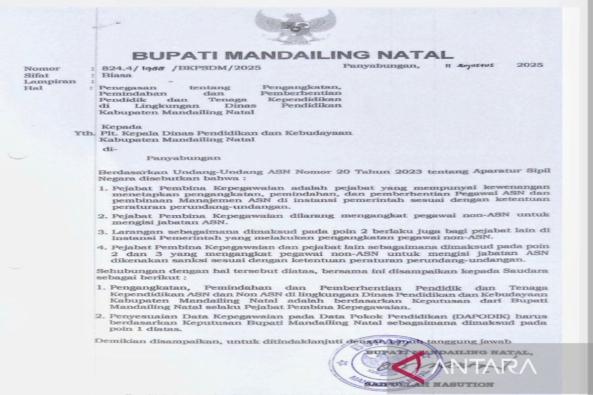 Nota penugasan guru PPPK jadi polemik, BKPSDM Madina : Belum ada regulasinya