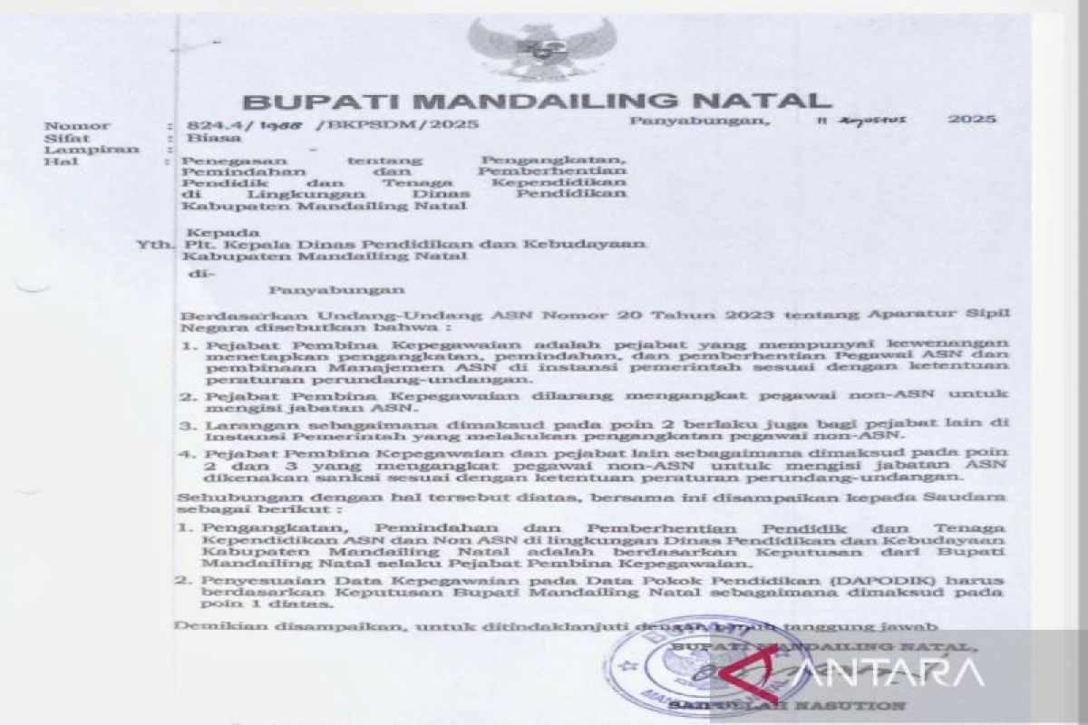 Kebijakan nota penugasan guru PPPK dibatalkan Dinas Pendidikan Mandailing Natal