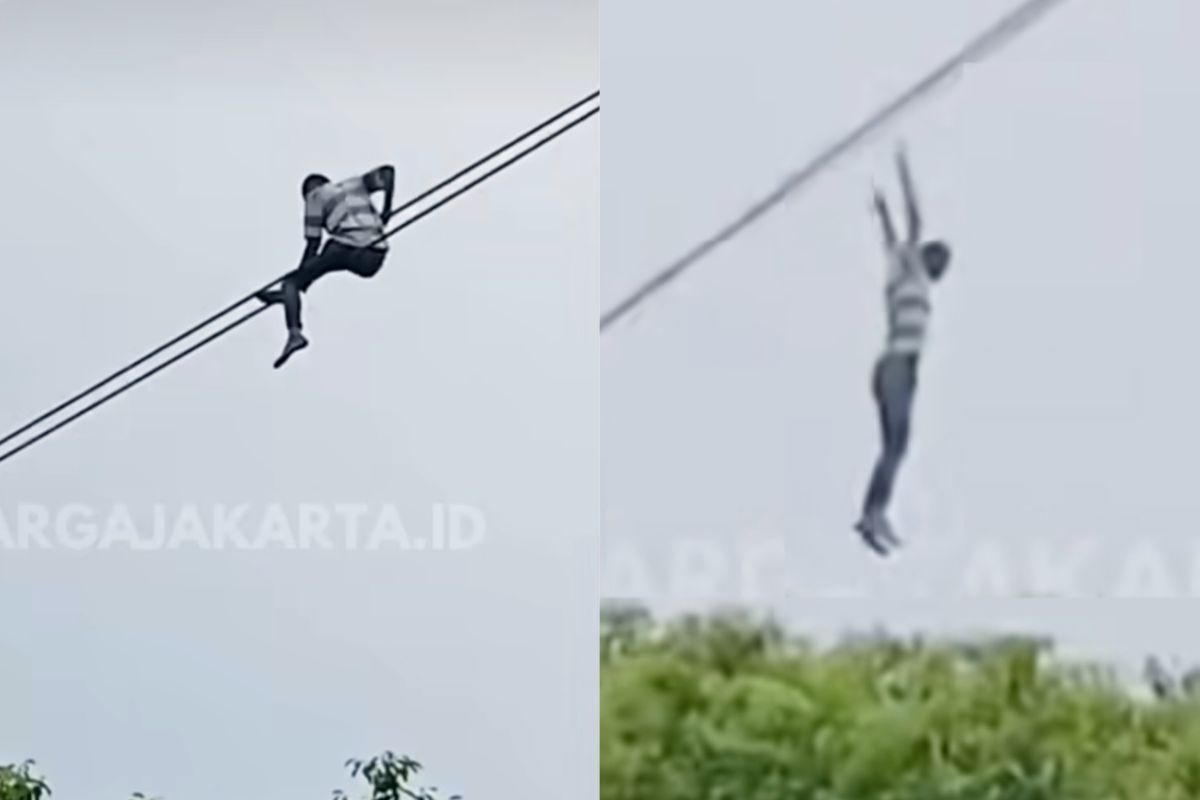 Diduga cari perhatian, pria nekat bergelantung di kabel udara Jaksel