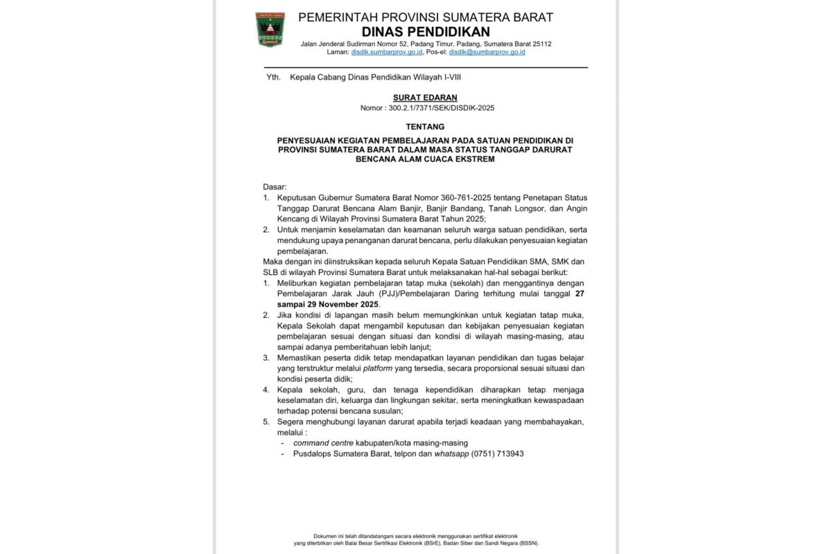 Pemprov Sumbar terbitkan surat edaran, aktivitas pembelajaran tatap muka diliburkan mulai 27--29 November 2025