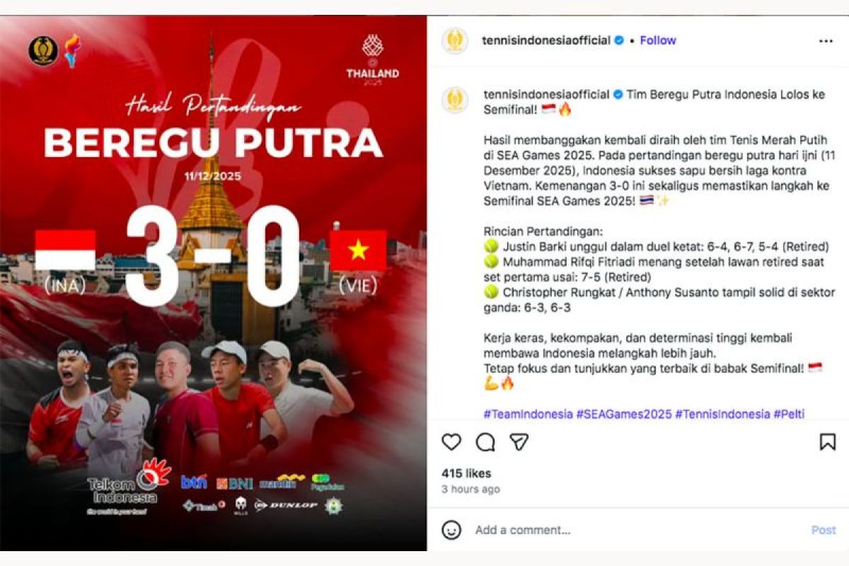 Tim tenis putra Indonesia melaju ke semifinal usai tekuk Vietnam 3-0