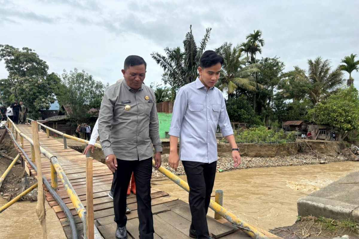 Gibran seberangi jembatan kayu sementara Aih Boboh di Gayo Lues Aceh