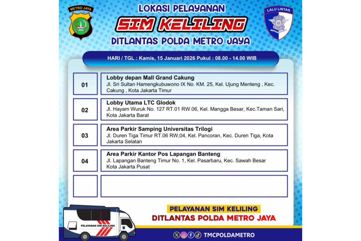 Kamis, layanan SIM Keliling hanya tersedia di empat wilayah Jakarta