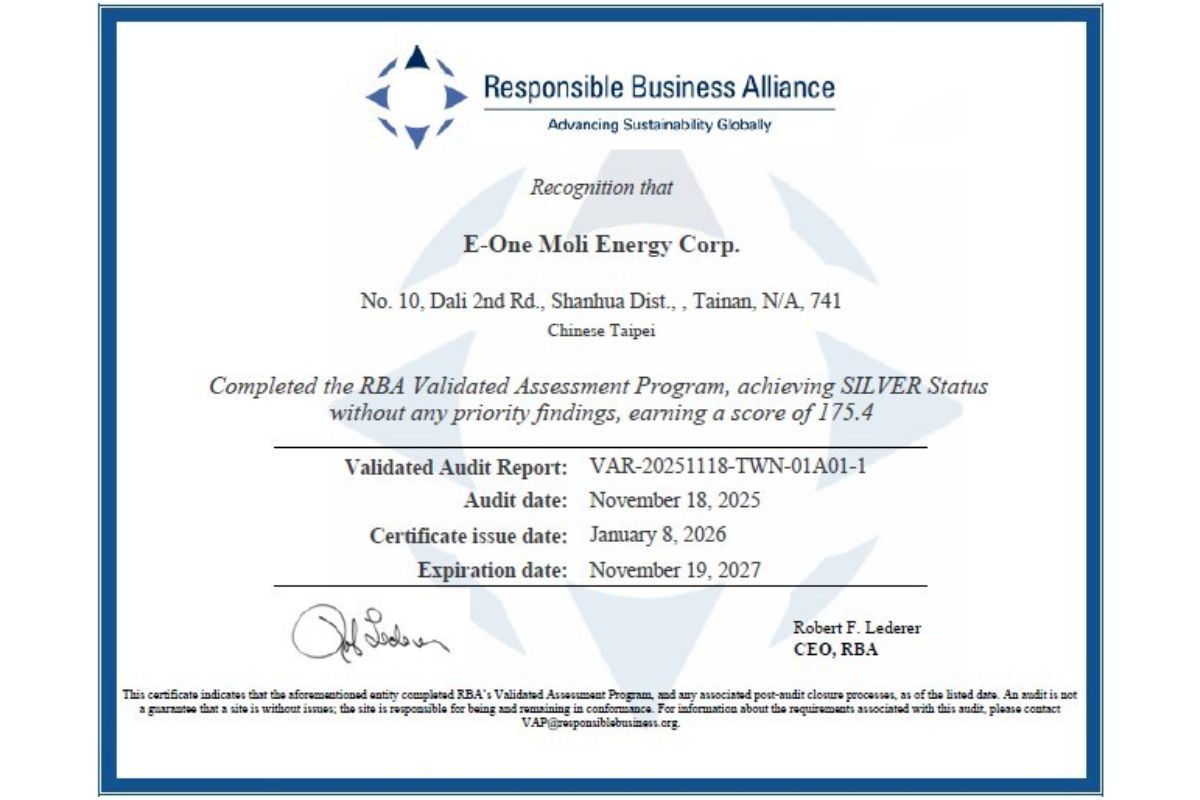 Molicel Raih Status "Silver" dari RBA, Tetapkan Standar Baru dalam Produksi Baterai yang Etis