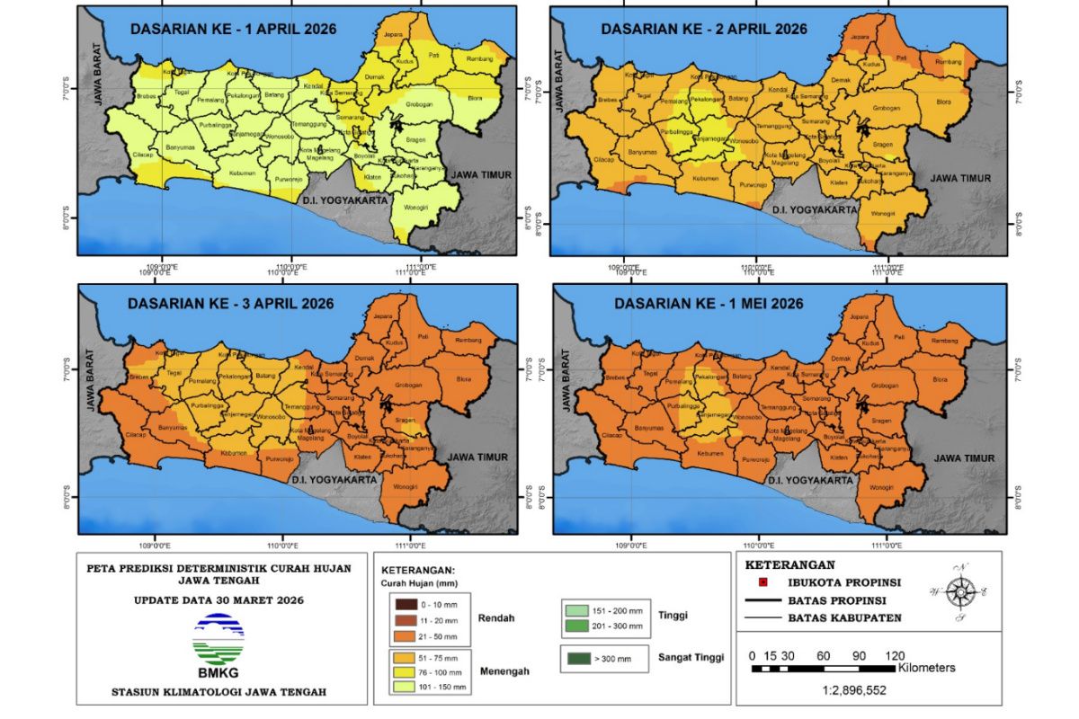 Mayoritas wilayah Jawa Tengah masih diguyur hujan pada April 2026