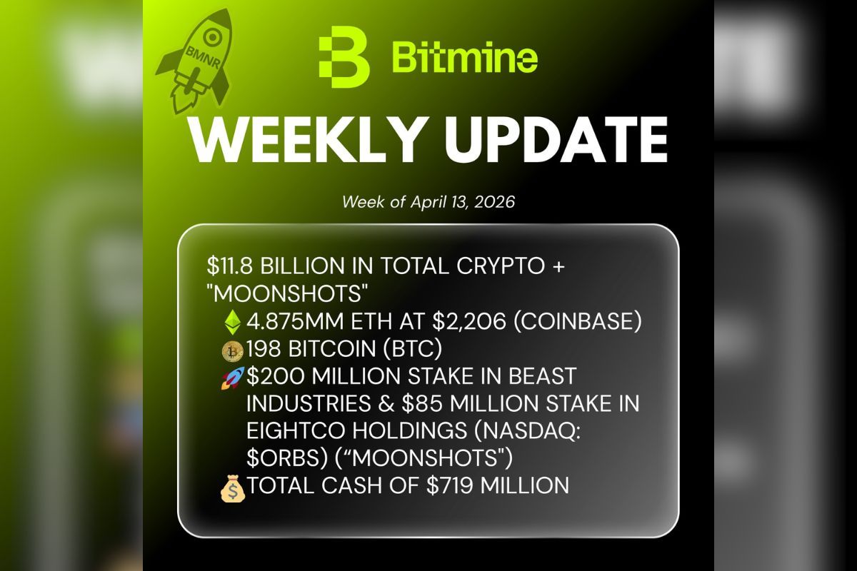 Bitmine Immersion Umumkan Kepemilikan ETH Capai 4,875 Juta Token dan Total Kepemilikan Kripto serta Total Uang Tunai Sebesar $11,8 M