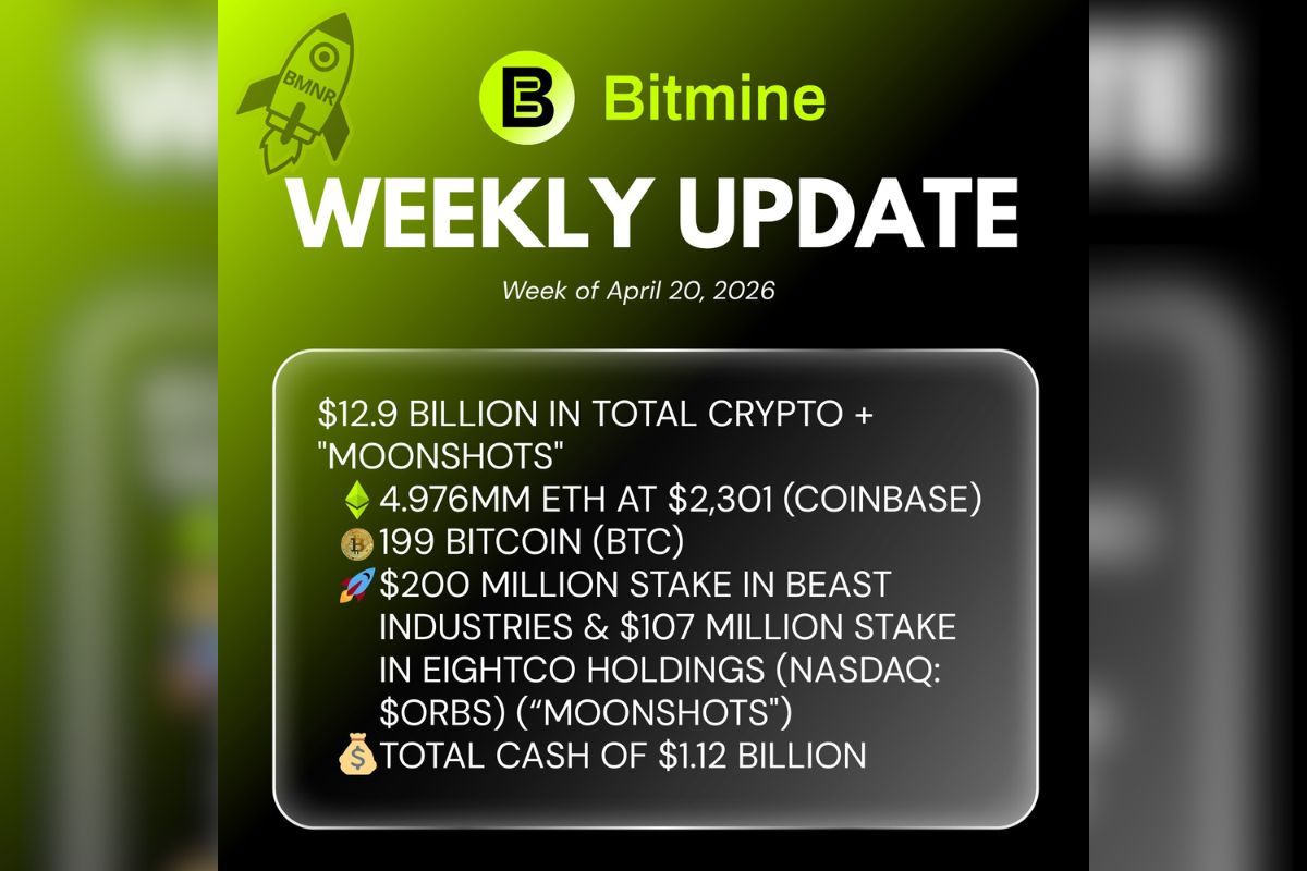 Bitmine Immersion Umumkan Kepemilikan ETH Capai 4,976 Juta Token dan Kepemilikan Kripto Maupun Uang Tunai Sebesar $12,9 Miliar