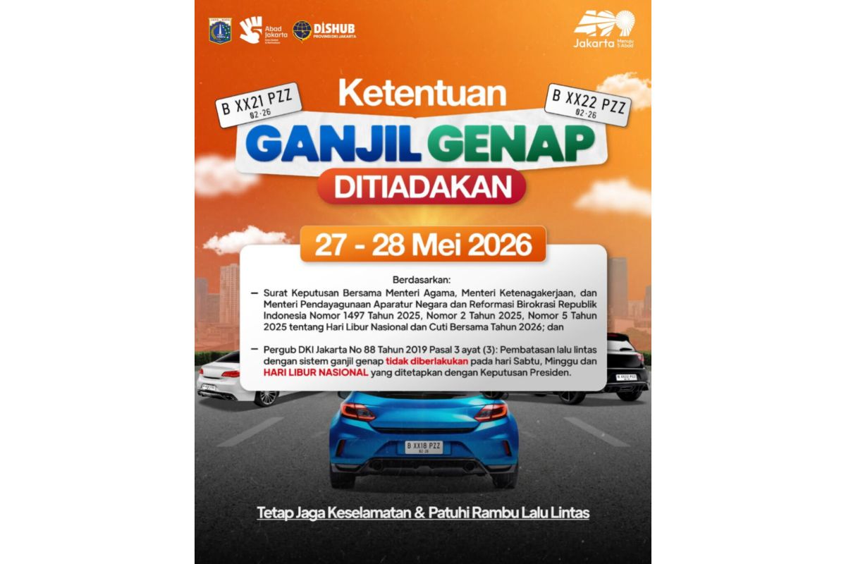 DKI tiadakan ganjil genap pada 27-28 Mei 2026