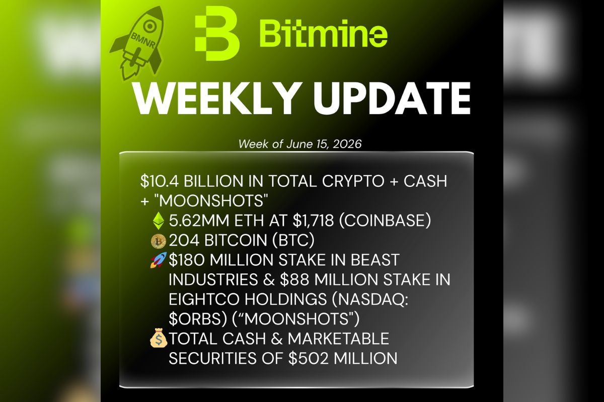 Bitmine Immersion Umumkan Kepemilikan ETH Mencapai 5,62 Juta Token dan Total Kripto Maupun Uang Tunai Sebesar $10,4 Miliar
