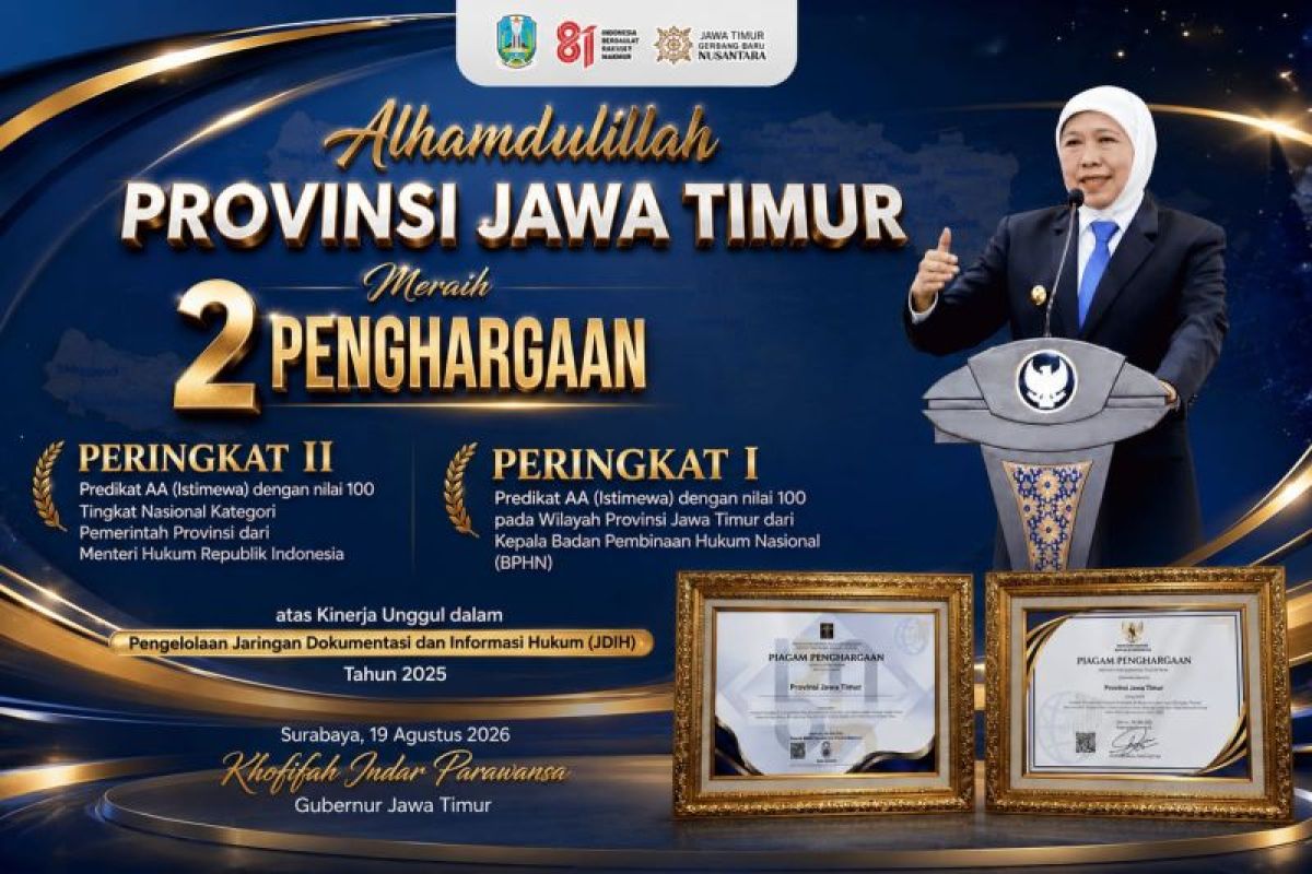 Jatim raih dua penghargaan nasional JDIH dengan nilai sempurna - ANTARA News Jawa Timur