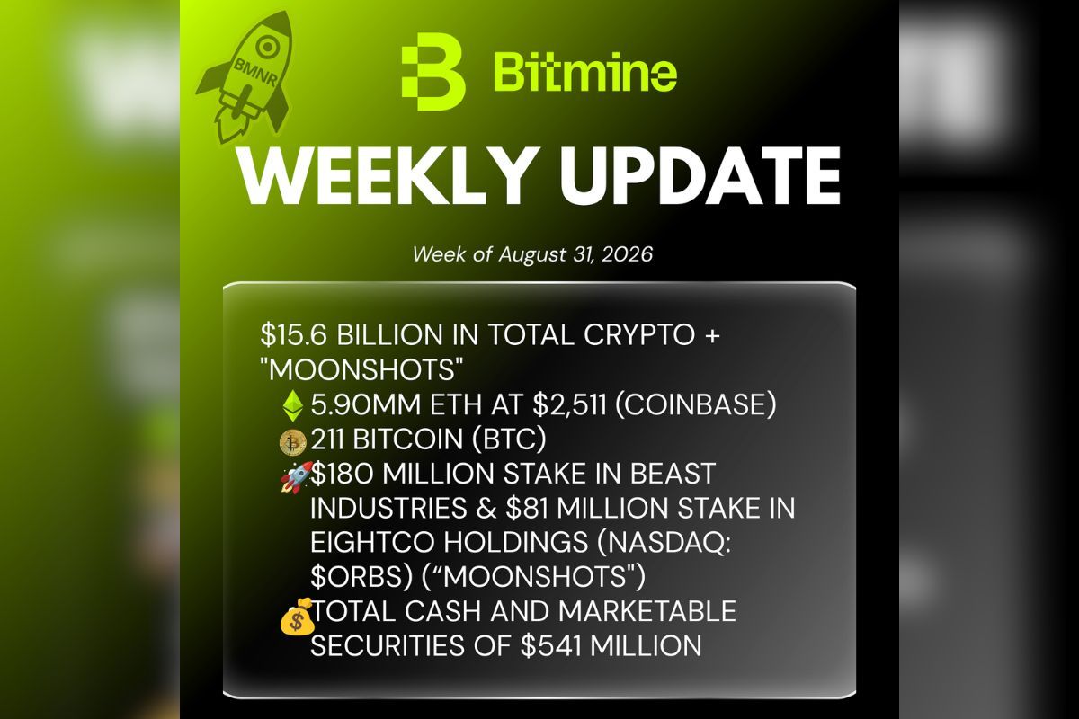 Bitmine Immersion Umumkan Kepemilikan ETH Capai 5,90 Juta Token, serta Total Kepemilikan Kripto dan Kas Sebesar $15,6 Miliar