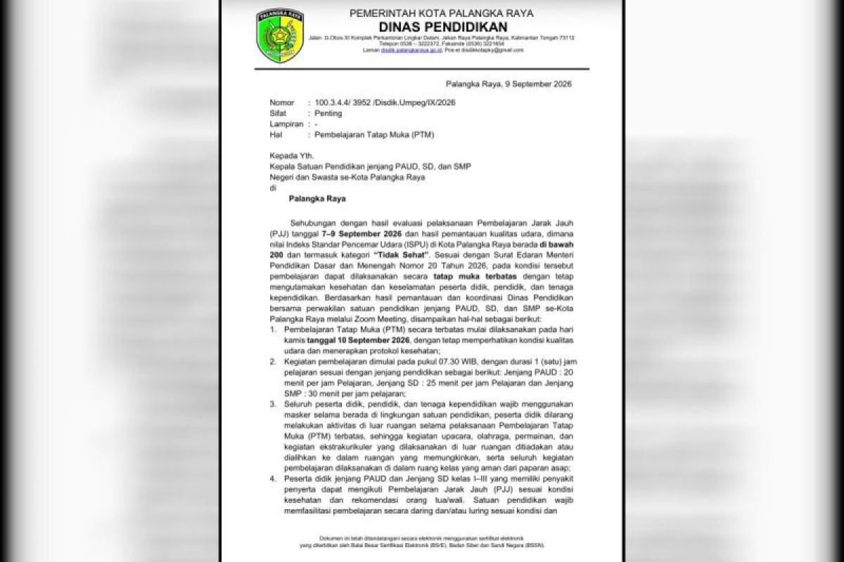 Disdik: PTM terbatas Palangka Raya dimulai 10 September