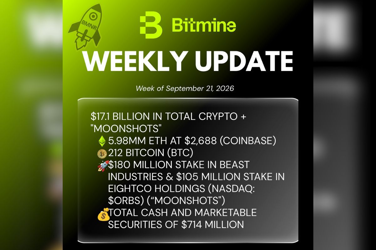 Bitmine Immersion Umumkan Kepemilikan ETH Capai 5,98 Juta Token, serta Total Kepemilikan Kripto dan Kas Sebesar $17,1 Miliar