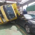 Truk dalam kapal terguling akibat ombak besar