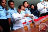 Sejumlah petugas Lembaga Permasyarakatan (Lapas) Kelas II A Pontianak mengamati proses uji tes urine yang dilakukan oleh petugas Badan Narkotika Nasional Provinsi (BNNP) Kalbar, di Pontianak, Senin (2/7). Tes urine yang digelar oleh BNNP Kalbar terhadap puluhan petugas Lapas Kelas II A Pontianak tersebut, bertujuan untuk mengantisipasi adanya peredaran narkoba di lingkungan penjara. FOTO ANTARA/Jessica Helena Wuysang