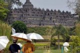 Magelang (Antara Bali) - Sejumlah wisatawan berjalan menuju candi Borobudur di kawasan Taman Wisata Candi Borobudur Magelang, Jateng, Senin (15/10). Guinness World Record secara resmi menyatakan Candi Borobudur sebagai "The largest Buddhist temple monument in the world" yang telah menyempurnakan kehormatan luhur serta kebanggaan bagi "master piece genius" nenek moyang bangsa Indonesia. FOTO ANTARA/Anis Efizudin/nym/2012.