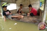 LAMONGAN, 10/4 - BANJIR. Sejumlah warga bersantai di pos kamling saat banjir menggenangi Desa Truni, Babat, Lamongan, Jawa Timur, Rabu (10/4). Sekitar 1.157 rumah di 12 desa di dua Kecamatan Laren dan Babat terendam dengan ketinggian air sekitar 50 cm akibat luapan sungai Bengawan Solo. FOTO ANTARA/Syaiful Arif/nym/2013.