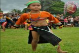 Robi, 7 tahun, ikut menari tarian adat Hudoq dalam Festival Budaya Wehea di Kampung Nehas Lias Bing, Muara Wahau, Kutai Timur,
Selasa (23/4). (Novi Abdi/ANTARA)
