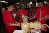 Ny Frederika Cornelis (kiri) terlihat serius memperhatikan kerajinan tangan khas masyarakat Dayak yang ditampilkan di Pekan Budaya Dayak 2013 di Jakarta, 27 - 30 April. (Donatus Budiono)