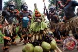 Sejumlah warga menggunakan pakaian ala suku Papua saat berlangsungnya tradisi sedekah Desa Panglungan, Kecamatan Wonosalam, Jombang, Jawa Timur, Selasa (18/6). Tradisi sedekah desa itu merupakan bentuk rasa syukur atas melimpahnya hasil bumi yang diberikan Tuhan, serta untuk melestarikan budaya di wilayah setempat. ANTARA FOTO/Syaiful Arif/Koz/pd/13.