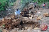 Para peneliti melakukan mengamati hasil galian di kawasan situs megalitikum Gunung Padang,Cianjur, Senin (1/7). Mereka melihat luasan kawasan situs Gunung Padang dari arah sebelah utara. ANTARA FOTO/Agus Bebeng/nym/2013.