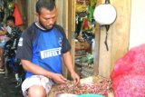 Abdullah sedang membersihkan bawang merah dagangannya di Pasar Mardika Ambon, Rabu (21/8). Harga bumbu dapur ini melonjak dari semula Rp60.000/Kg meniadi Rp95.000/Kg akibat tidak ada pasokan dari Surabaya. (John Soplanit)