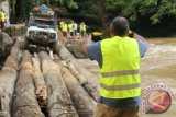 Setelah menunggu selama 18 jam, Tim Ekspedisi Indonesia 4X4 ke Perbatasan akhirnya berhasil menyeberangi sisi timur Sungai Mentarang di Rivan Melasu, Mentarang Hulu, Malinau, Kalimantan Utara, Rabu (6/11) sore. Satu per satu mobil menyeberang melewati jembatan kayu-kayu bulat yang disusun berjajar, melintasi Sungai Mentarang yang deras dan baru meluap setelah hujan sepanjang sore hingga malam di hulunya. (Novi Abdi/ANTARA)
