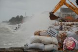 Pekerja menyelesaikan pemasangan penahan ombak, di pantai Desa Tlonto Raja, Pasean, Pamekasan, Jatim, Jumat (17/1). Pemerintah setempat terus berupaya melakukan pencegahan agar ombak tidak merusak pemukiman warga seperti yang terjadi setiap musim ombak dalam bebeberapa tahun sebelumnya. ANTARA FOTO/Saiful Bahri/wra/14