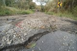 Kediri (Antara Jatim)- Material letusan Gunung Kelud berupa pasir dan kerikil berserakan di tengah jalan di Dusun Mulyorejo Desa Sugihwaras, Kecamatan Ngancar, Kediri, Rabu (19/2). Pascaletusan Gunung Kelud, pasir dan kerikil berdiameter lima hingga 10 sentimeter masih belum dibersihkan dari jalan menuju kawasan Gunung Kelud, hal itu bisa membahayakan pengguna jalan. FOTO/Syaiful Arif/14/Oka.